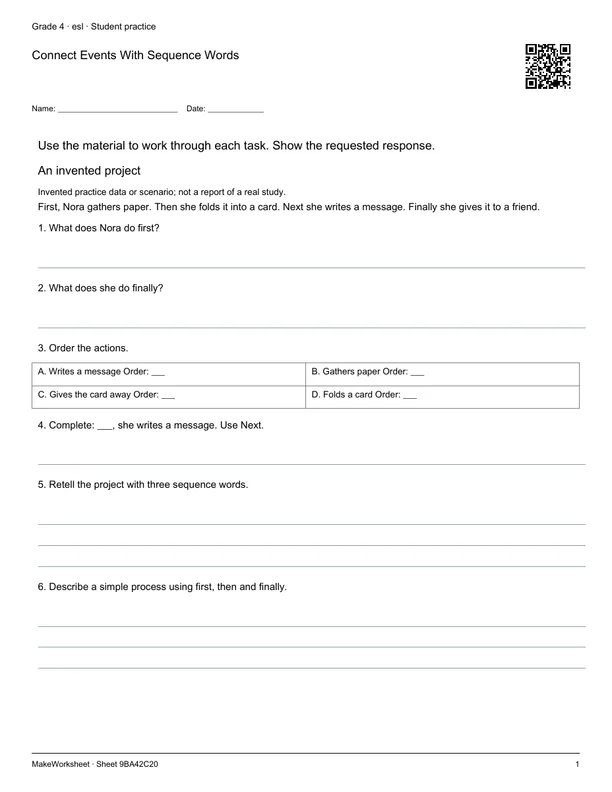 Connect Events With Sequence Words: first student practice page