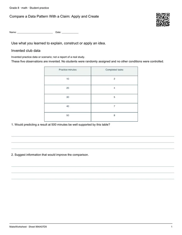 Compare a Data Pattern With a Claim: Apply and Create: first student practice page