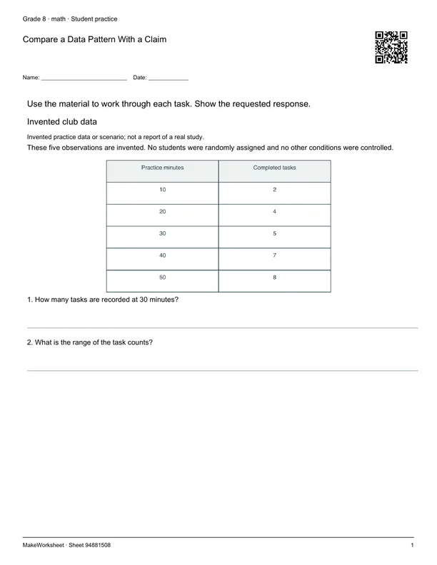 Compare a Data Pattern With a Claim: first student practice page