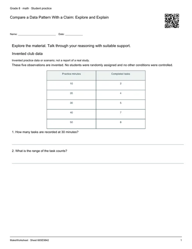 Compare a Data Pattern With a Claim: Explore and Explain: first student practice page