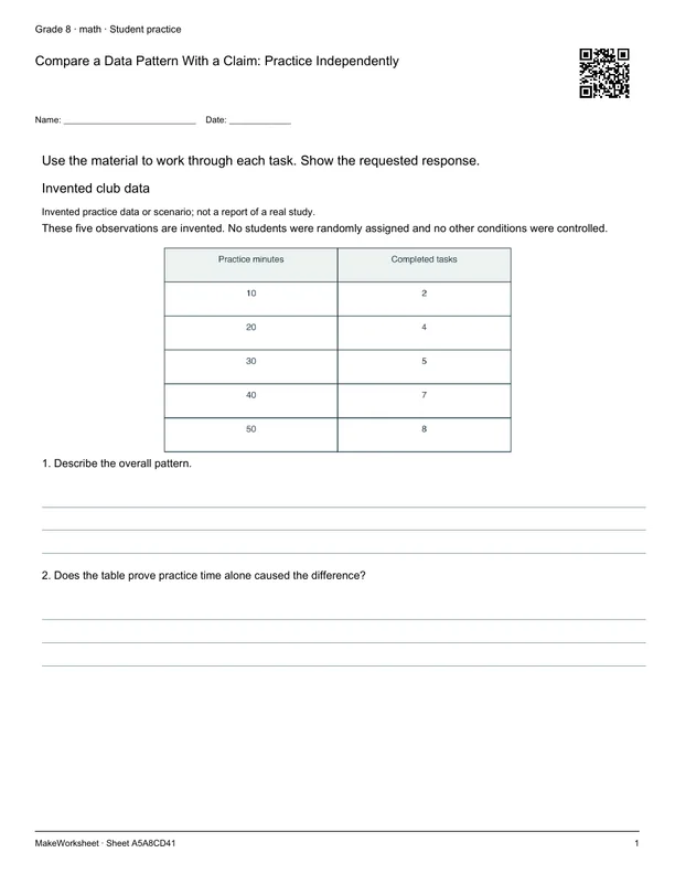 Compare a Data Pattern With a Claim: Practice Independently: first student practice page