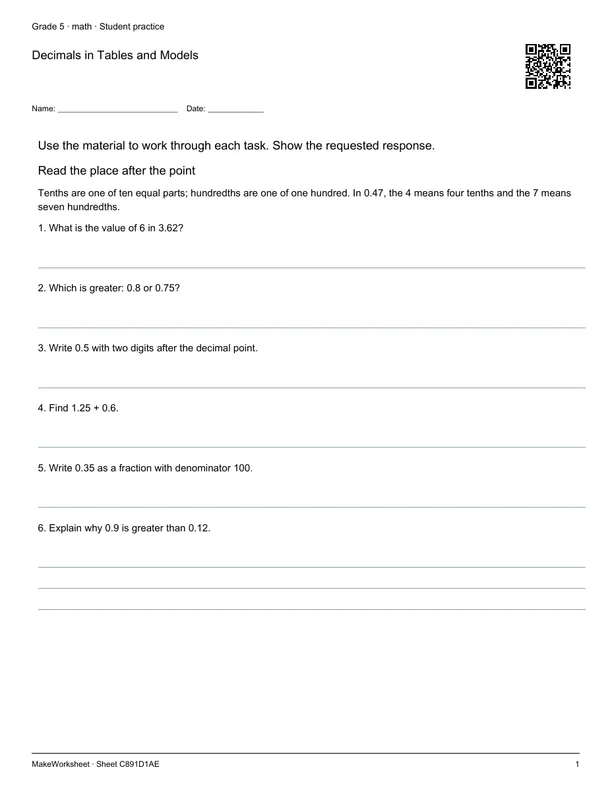 Decimals in Tables and Models: first student practice page