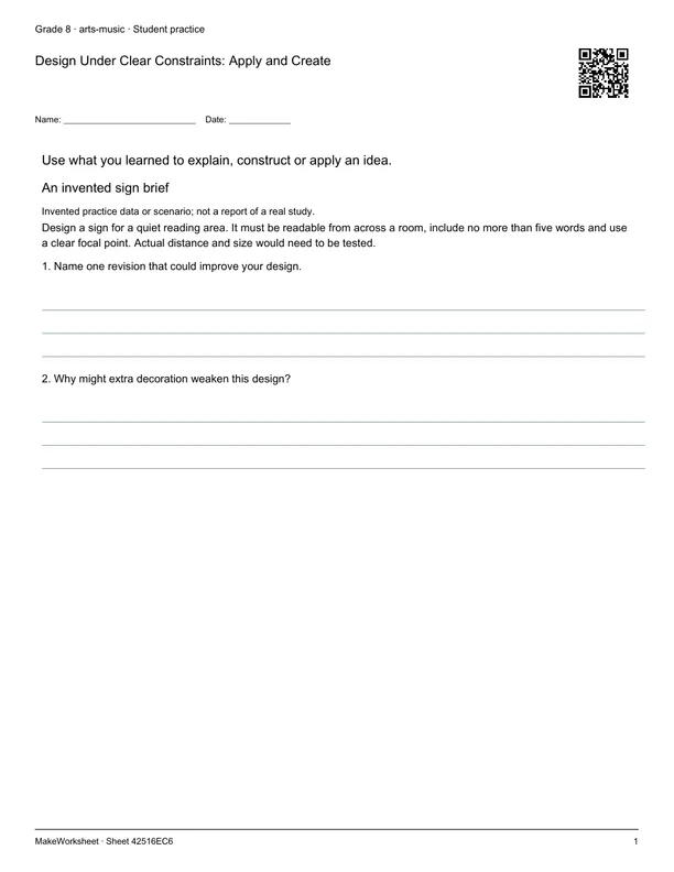Design Under Clear Constraints: Apply and Create: first student practice page