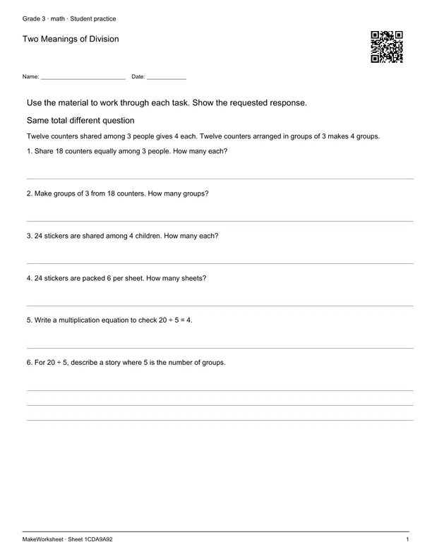 Two Meanings of Division: first student practice page