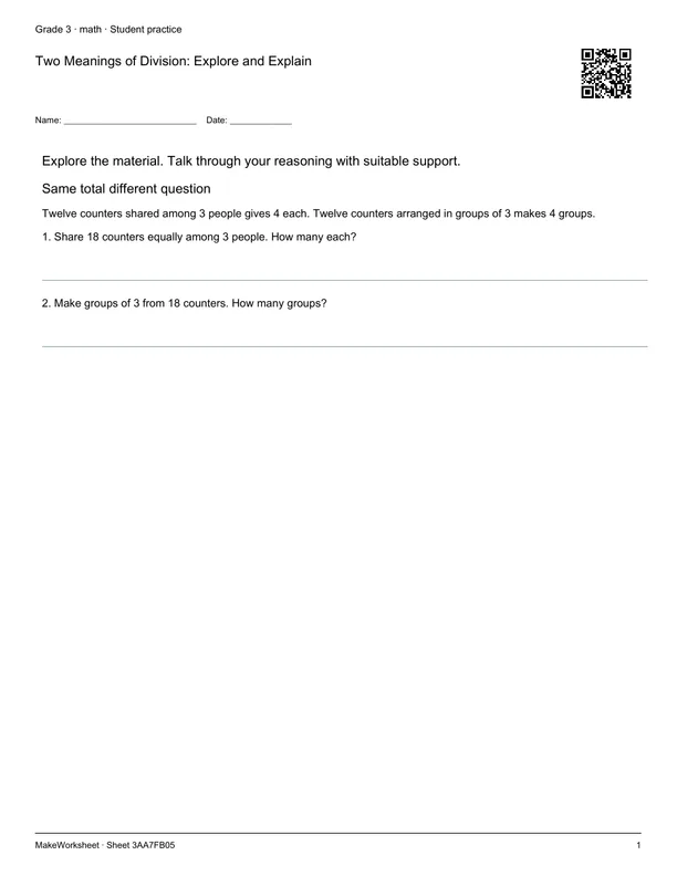 Two Meanings of Division: Explore and Explain: first student practice page