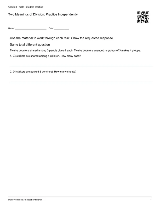 Two Meanings of Division: Practice Independently: first student practice page