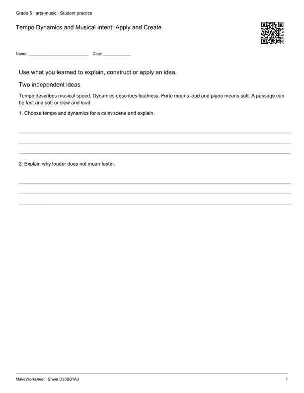 Tempo Dynamics and Musical Intent: Apply and Create: first student practice page