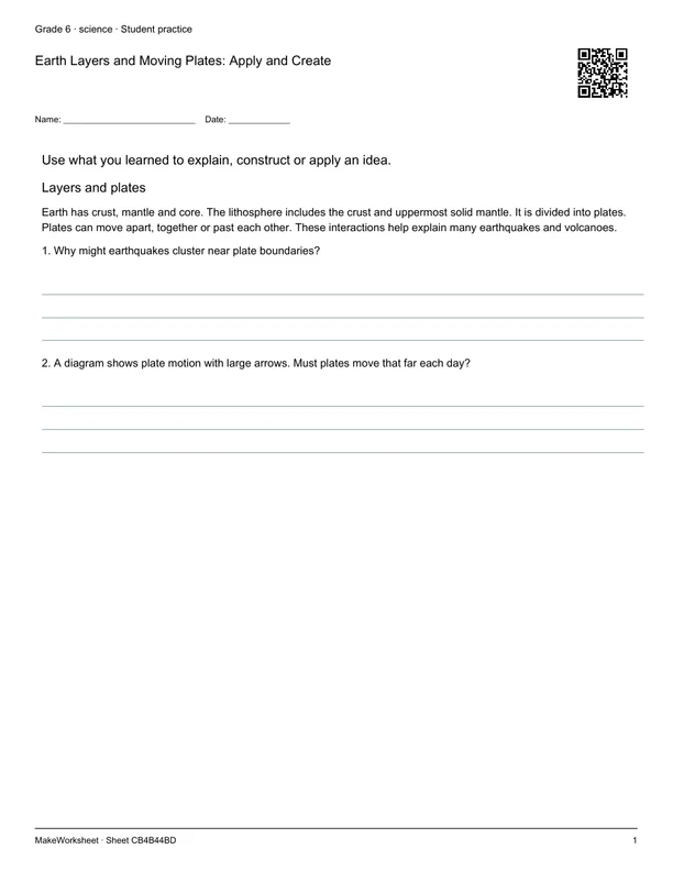 Earth Layers and Moving Plates: Apply and Create: first student practice page