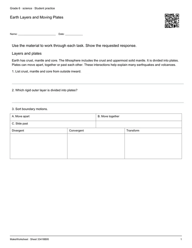 Earth Layers and Moving Plates: first student practice page