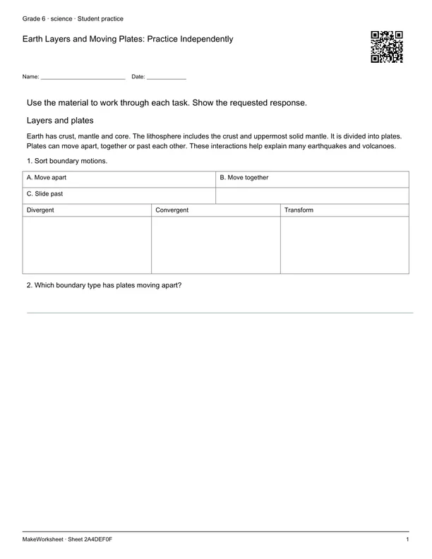Earth Layers and Moving Plates: Practice Independently: first student practice page