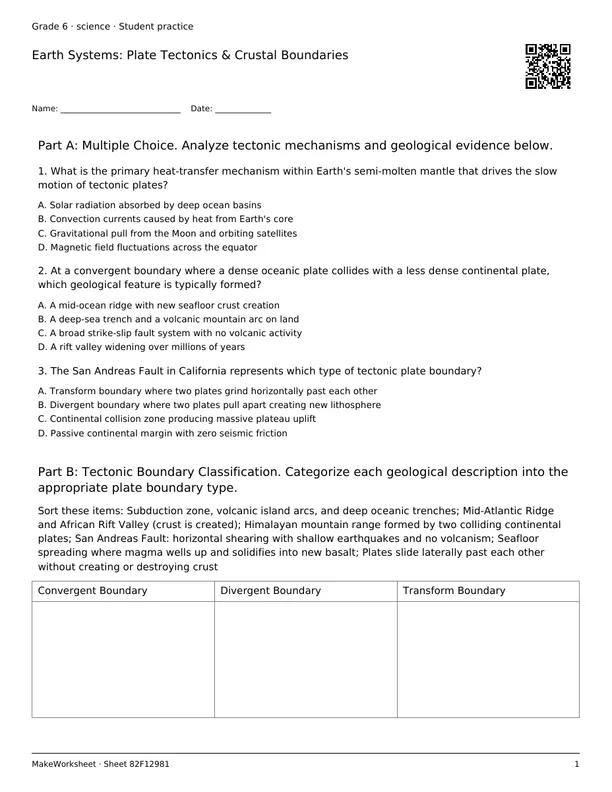 Earth Systems: Plate Tectonics & Crustal Boundaries: first student practice page