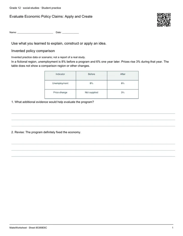 Evaluate Economic Policy Claims: Apply and Create: first student practice page