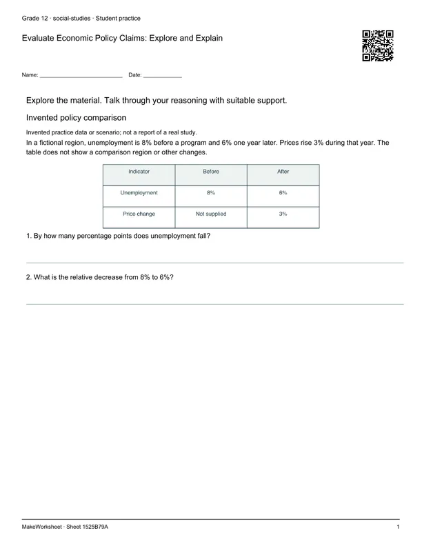 Evaluate Economic Policy Claims: Explore and Explain: first student practice page