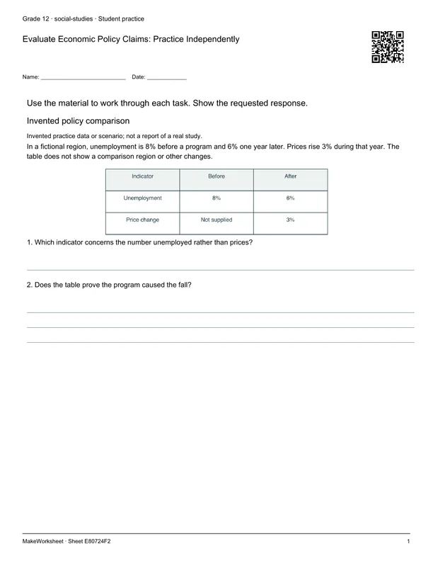 Evaluate Economic Policy Claims: Practice Independently: first student practice page