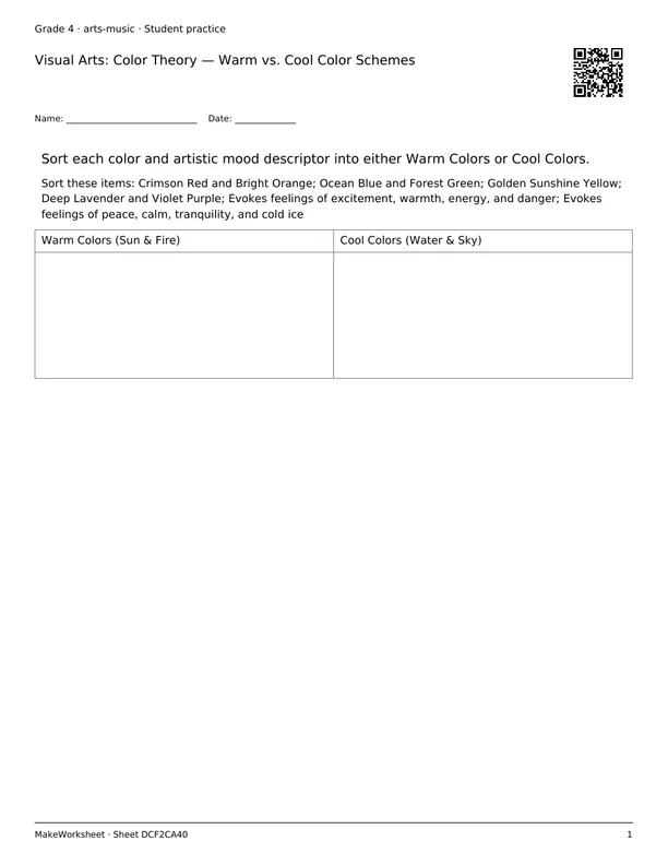 Visual Arts: Color Theory — Warm vs. Cool Color Schemes: first student practice page