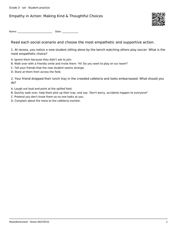 Empathy in Action: Making Kind & Thoughtful Choices: first student practice page
