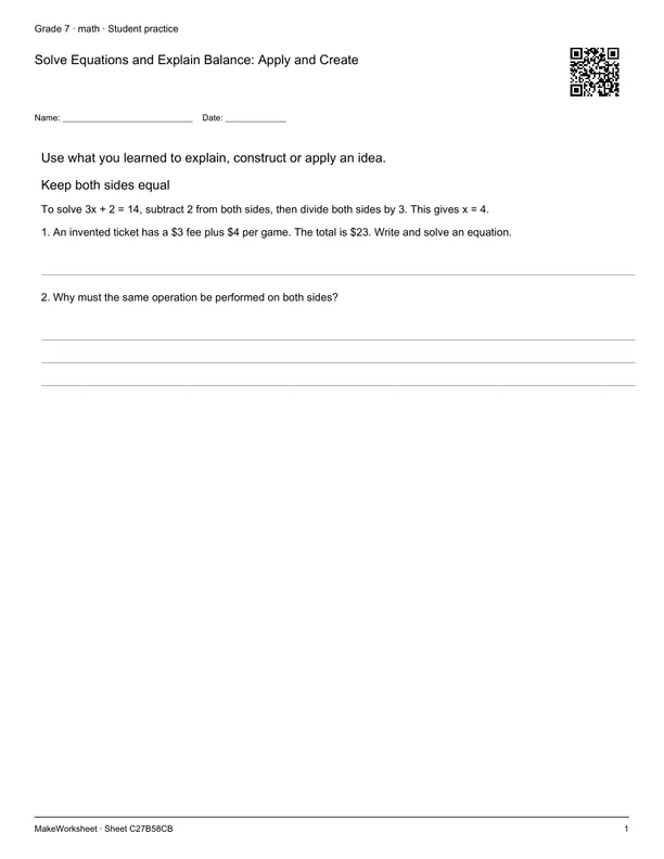 Solve Equations and Explain Balance: Apply and Create: first student practice page