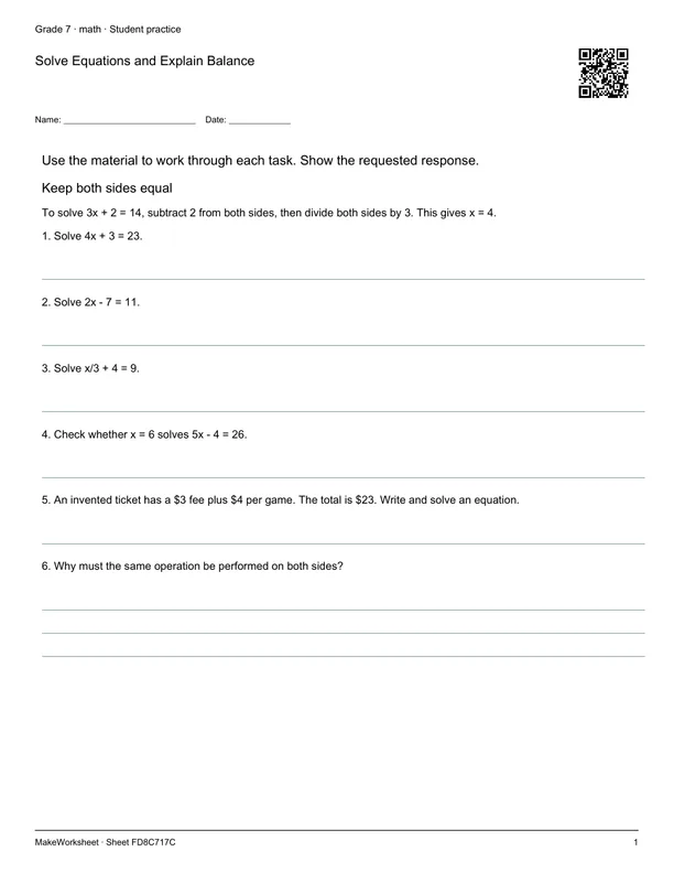 Solve Equations and Explain Balance: first student practice page