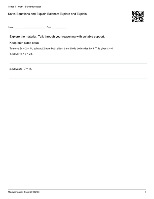 Solve Equations and Explain Balance: Explore and Explain: first student practice page