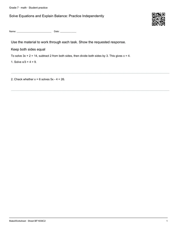 Solve Equations and Explain Balance: Practice Independently: first student practice page