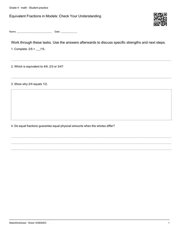 Equivalent Fractions in Models: Check Your Understanding: first student practice page