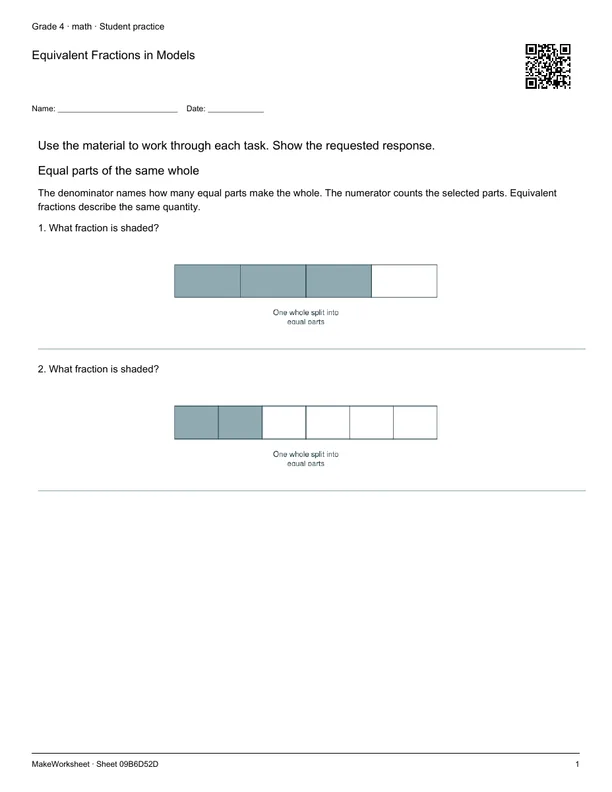 Equivalent Fractions in Models: first student practice page