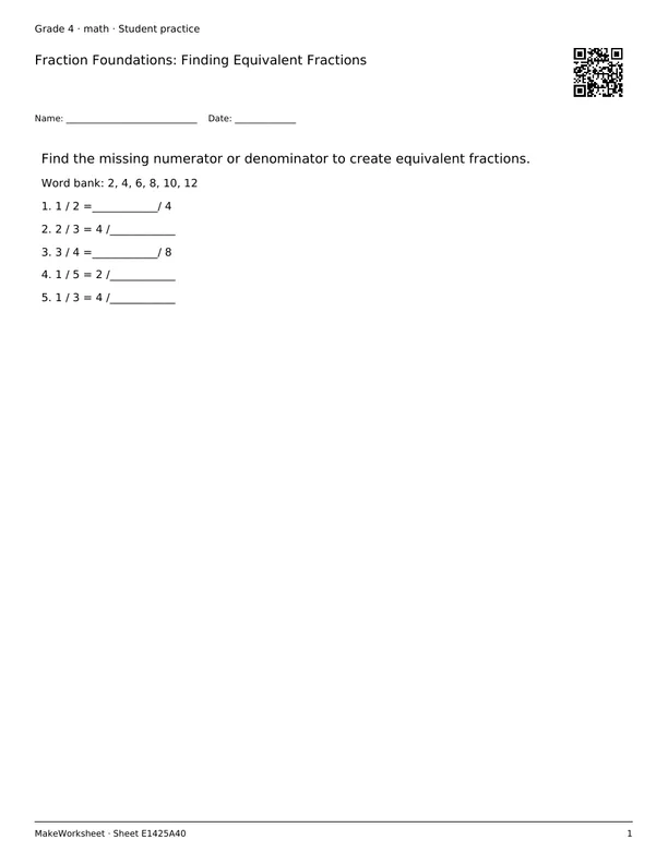 Fraction Foundations: Finding Equivalent Fractions: first student practice page