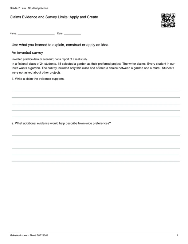 Claims Evidence and Survey Limits: Apply and Create: first student practice page