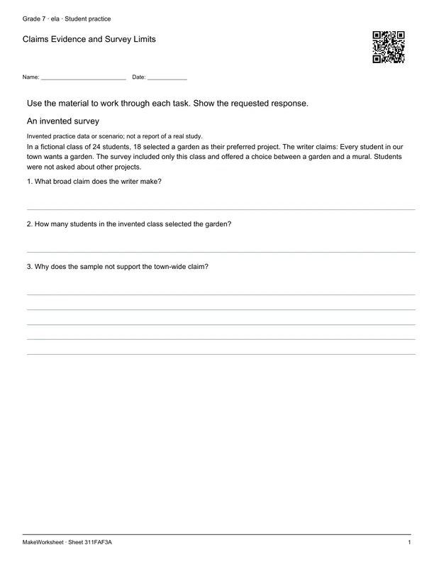 Claims Evidence and Survey Limits: first student practice page