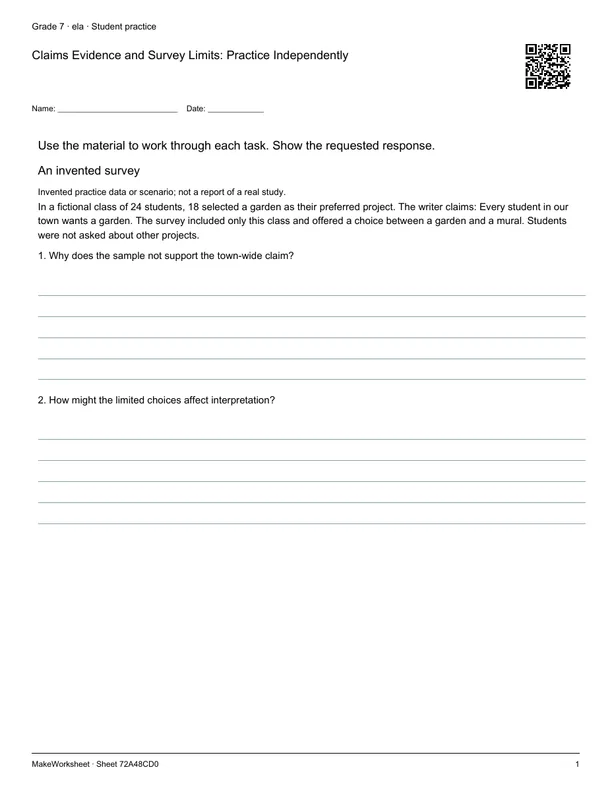 Claims Evidence and Survey Limits: Practice Independently: first student practice page