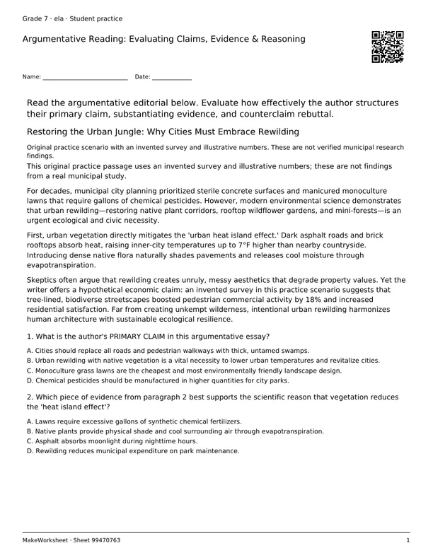 Argumentative Reading: Evaluating Claims, Evidence & Reasoning: first student practice page