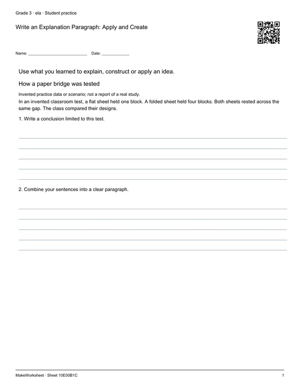 Write an Explanation Paragraph: Apply and Create: first student practice page