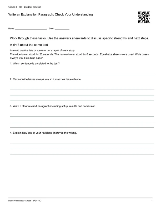 Write an Explanation Paragraph: Check Your Understanding: first student practice page