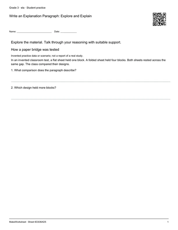 Write an Explanation Paragraph: Explore and Explain: first student practice page