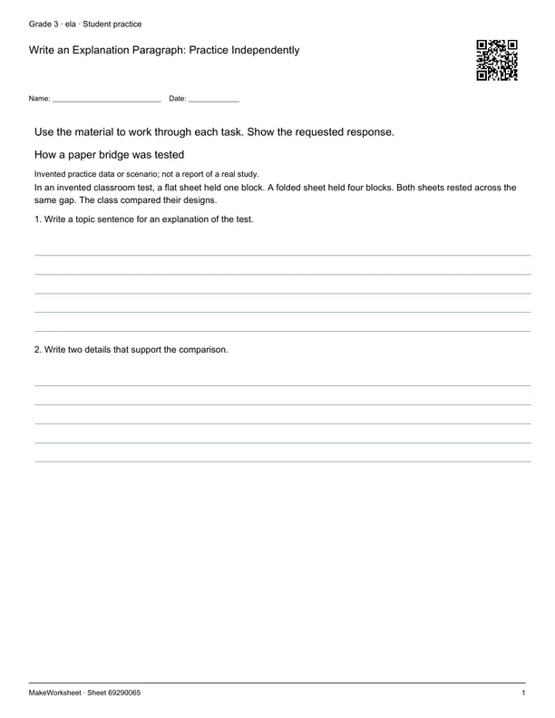 Write an Explanation Paragraph: Practice Independently: first student practice page