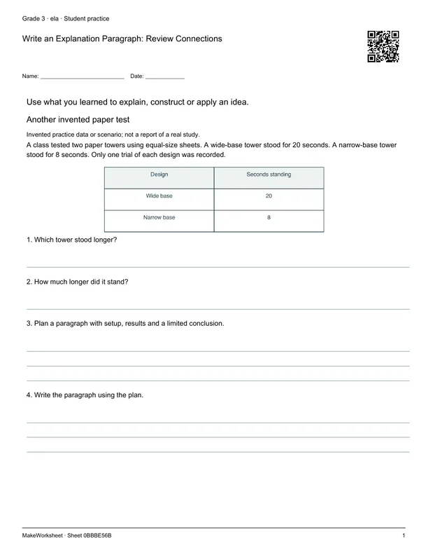 Write an Explanation Paragraph: Review Connections: first student practice page