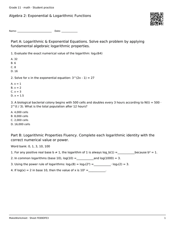 Algebra 2: Exponential & Logarithmic Functions: first student practice page