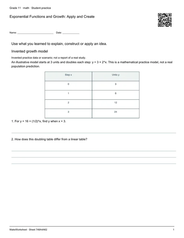 Exponential Functions and Growth: Apply and Create: first student practice page