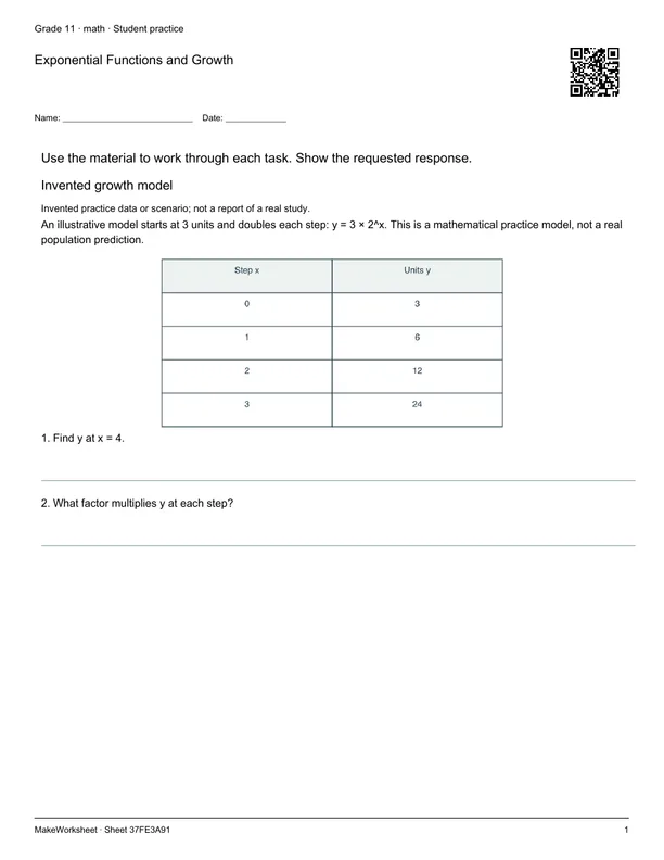Exponential Functions and Growth: first student practice page
