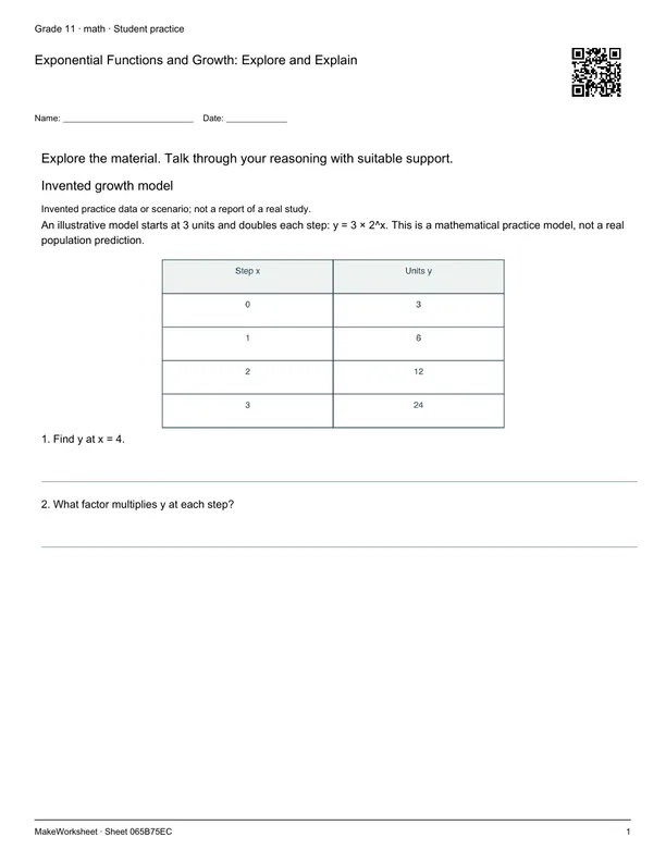 Exponential Functions and Growth: Explore and Explain: first student practice page