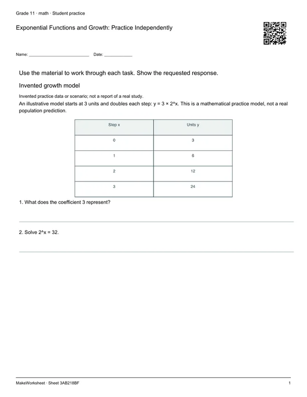 Exponential Functions and Growth: Practice Independently: first student practice page