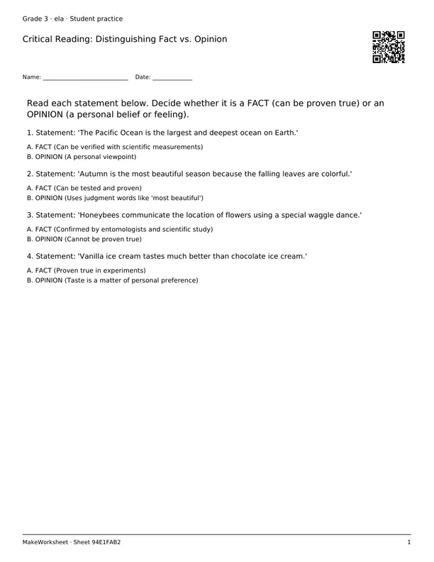 Critical Reading: Distinguishing Fact vs. Opinion: first student practice page
