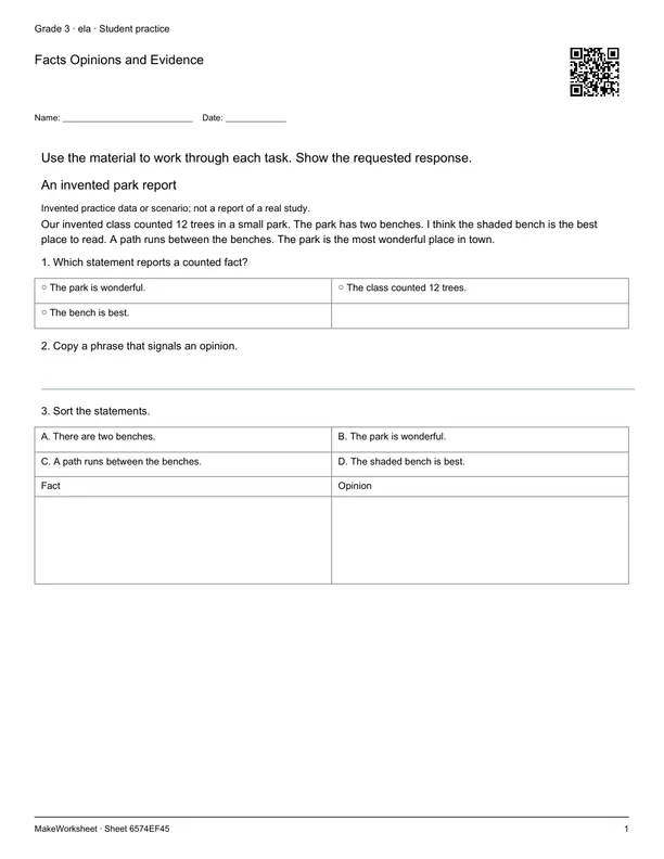 Facts Opinions and Evidence: first student practice page