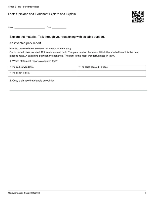 Facts Opinions and Evidence: Explore and Explain: first student practice page
