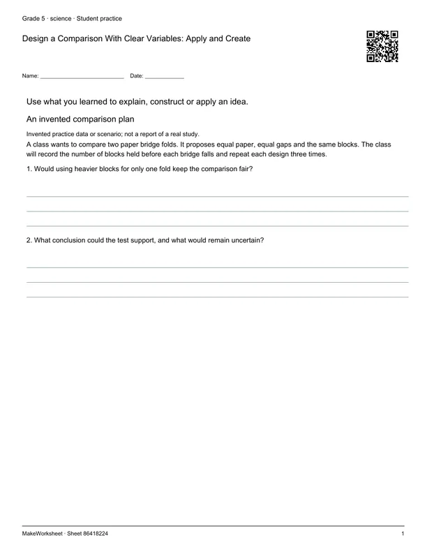 Design a Comparison With Clear Variables: Apply and Create: first student practice page