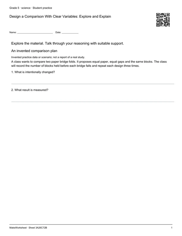 Design a Comparison With Clear Variables: Explore and Explain: first student practice page