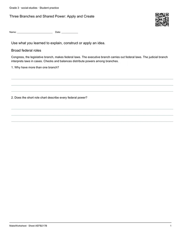 Three Branches and Shared Power: Apply and Create: first student practice page