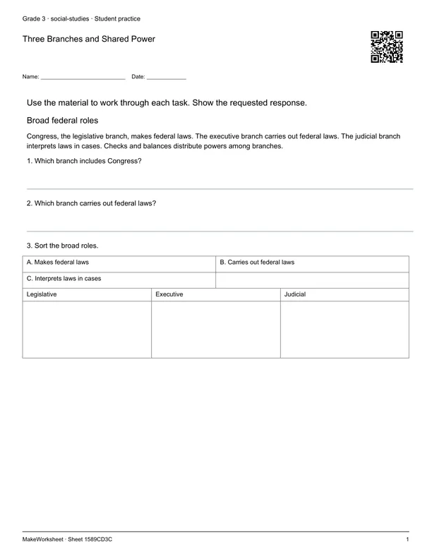 Three Branches and Shared Power: first student practice page