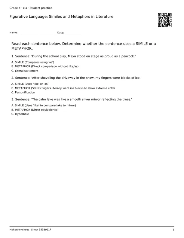 Figurative Language: Similes and Metaphors in Literature: first student practice page