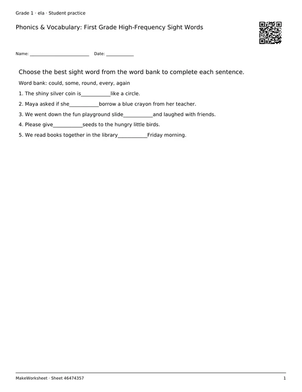 Phonics & Vocabulary: First Grade High-Frequency Sight Words: first student practice page